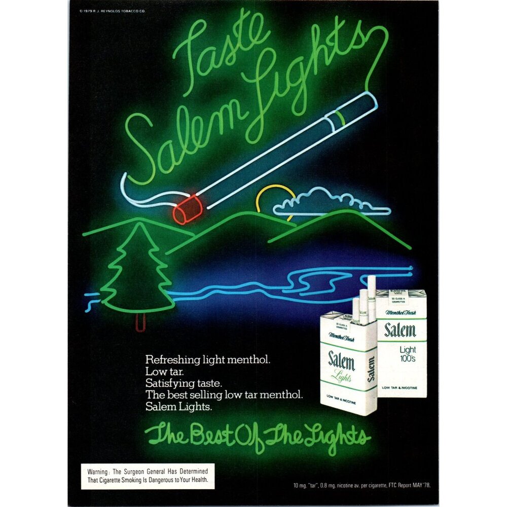 1980 Salem Lights Cigarettes Neon Sign Vintage Print Ad 80s Man Cave Wall Art
